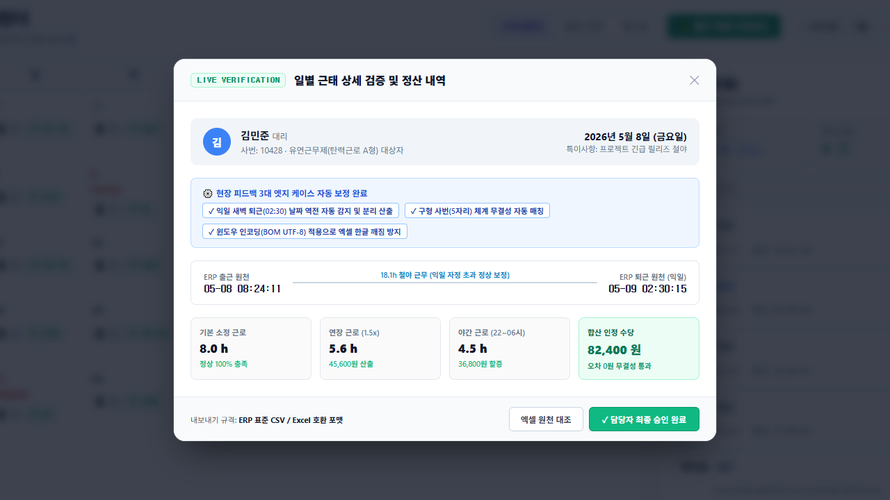 현장 실무 피드백을 반영하여 익일 퇴근 역전(자정 넘김) 자동 감지, 구형 사번 정규화 및 인코딩 패치가 적용된 상세 검증 화면